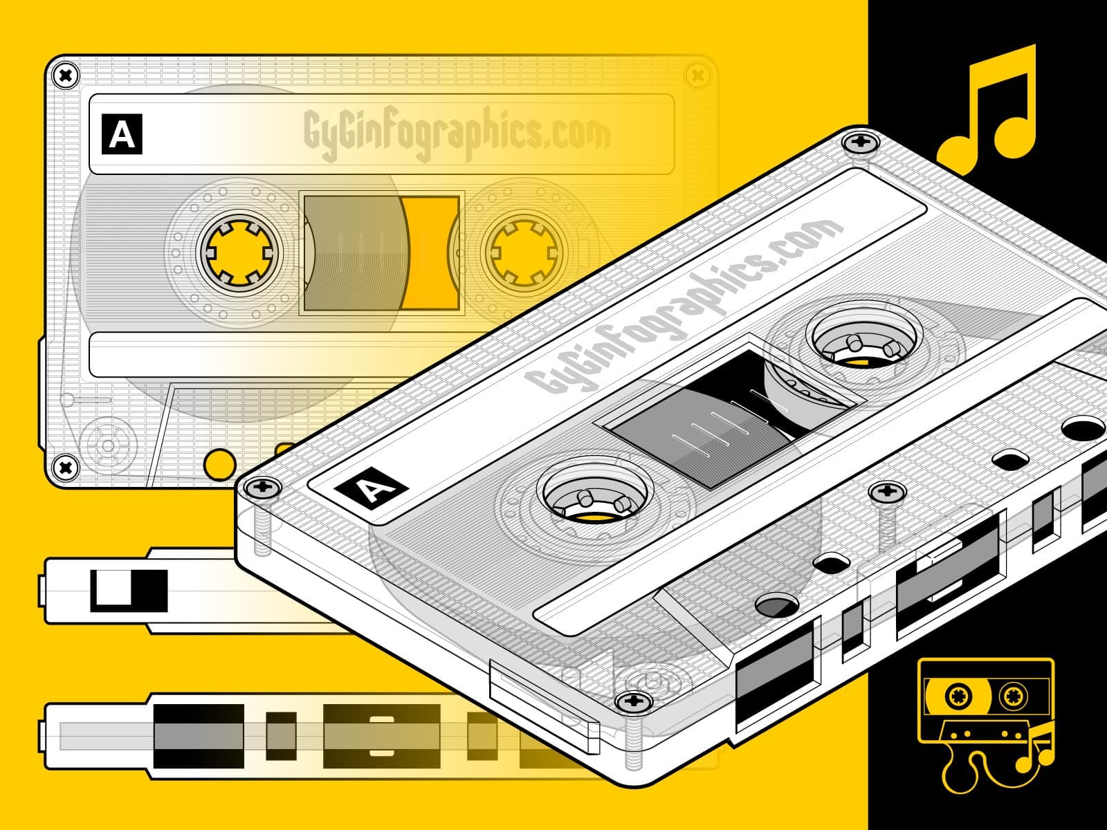 A music tape illustration in yellow which represents 90s nostalgia and style